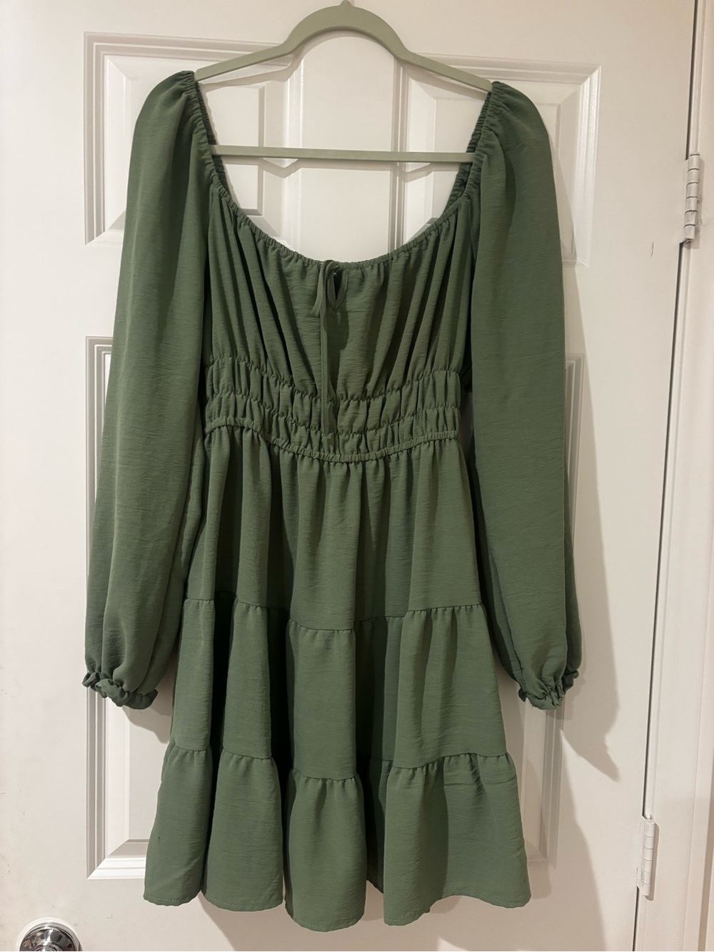 Liberty Love Olive Green Peasant Tie-Front Mini Dress